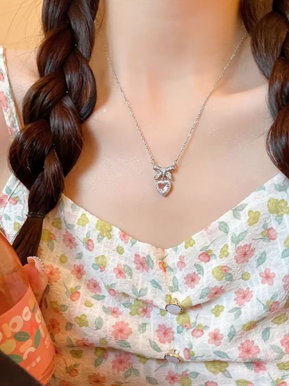 Bow For Love Pink Rhinestone Double Pendant Necklace