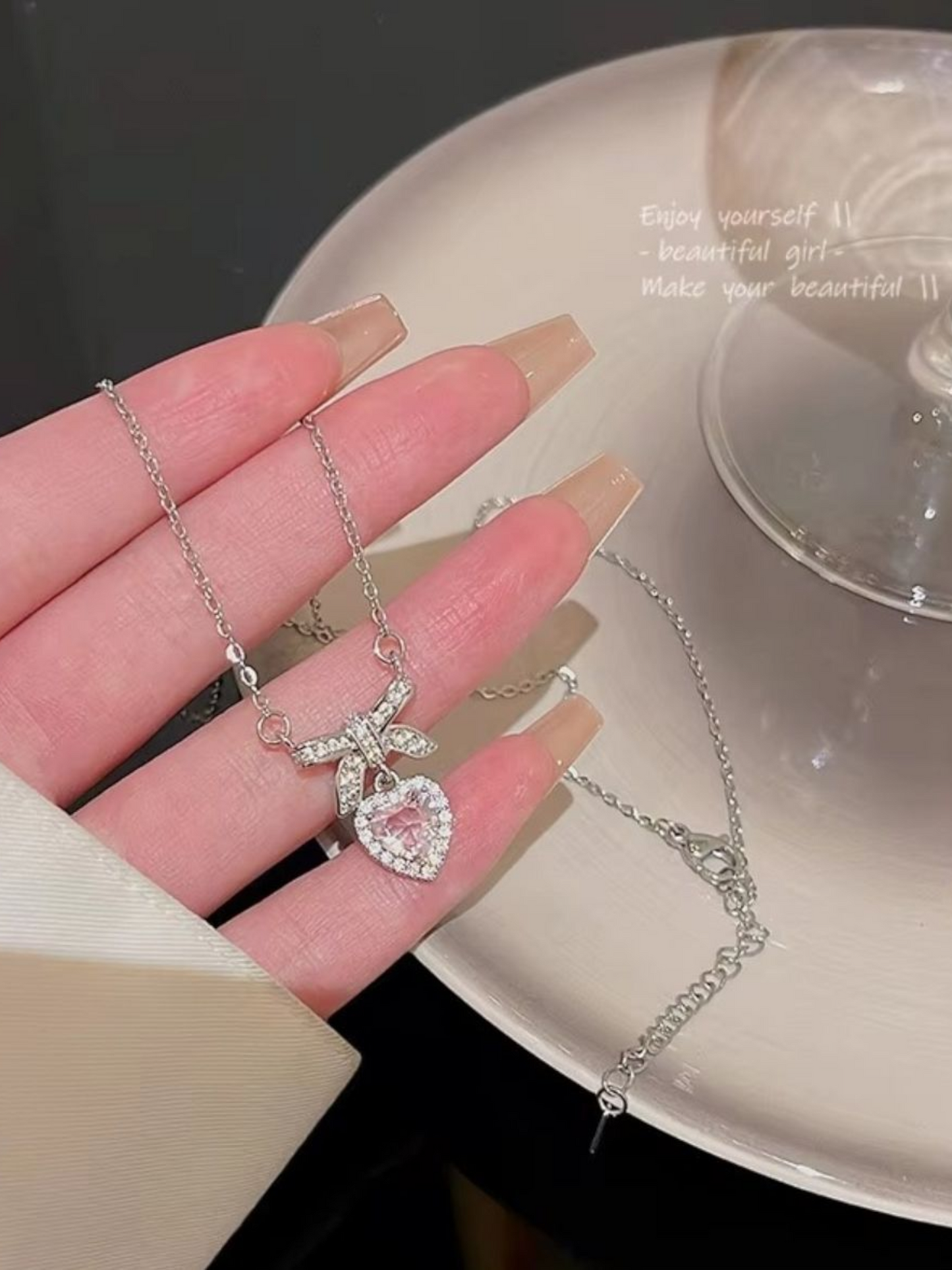 Bow For Love Pink Rhinestone Double Pendant Necklace
