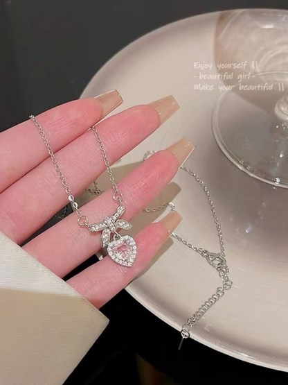 Bow For Love Pink Rhinestone Double Pendant Necklace