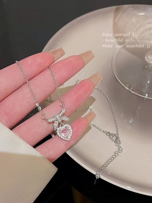 Bow For Love Pink Rhinestone Double Pendant Necklace