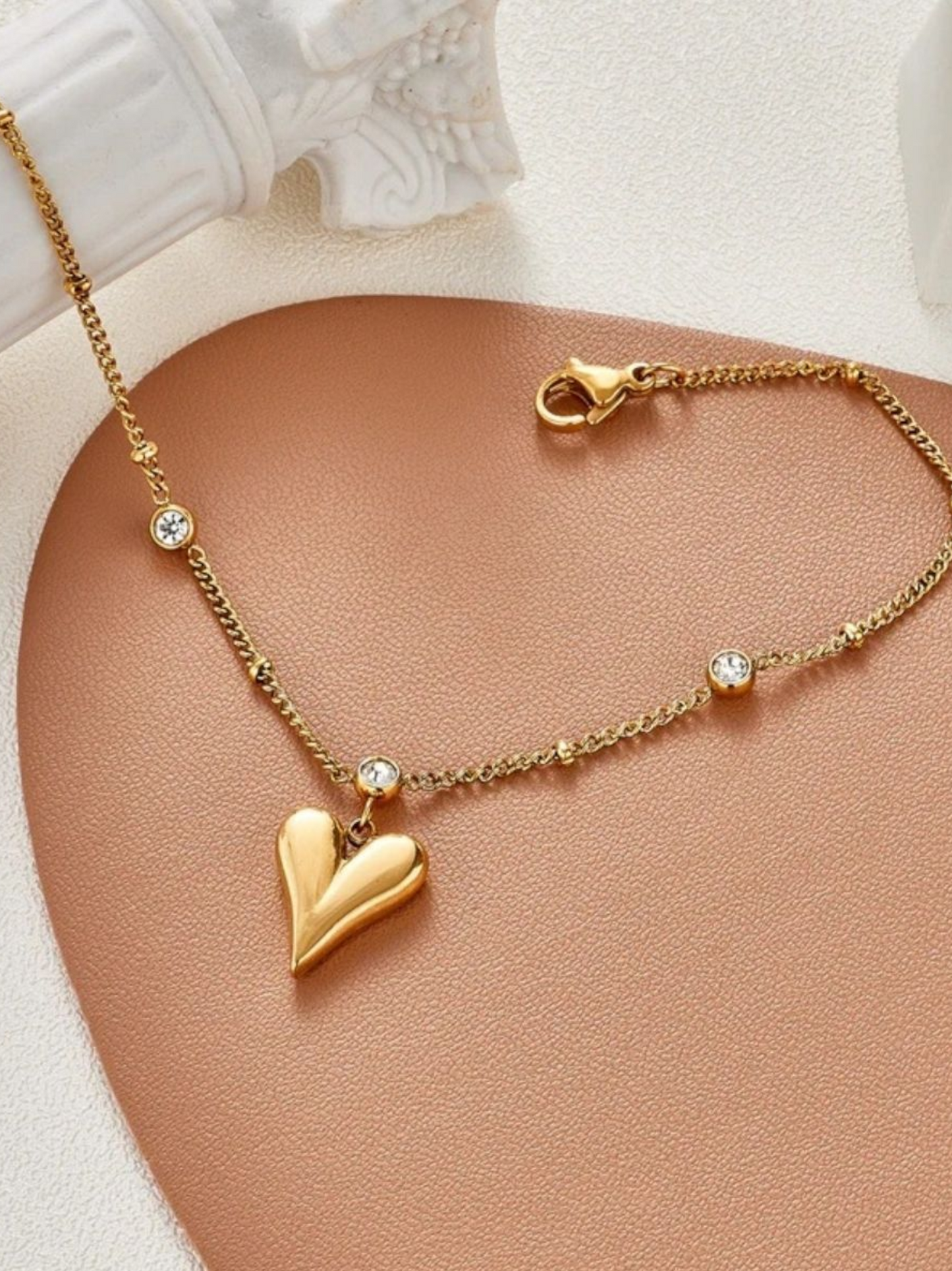 Solid Sleek Heart Pendant Anti Tarnished Necklace With Stones