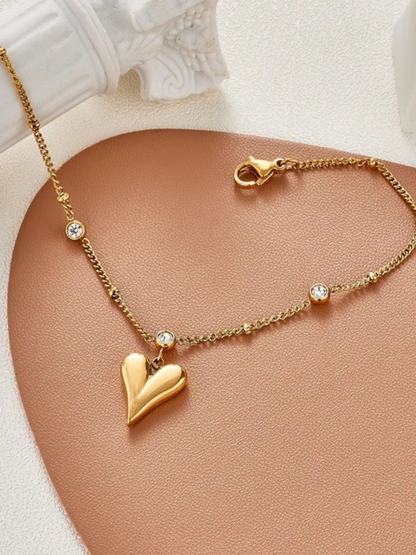 Solid Sleek Heart Pendant Anti Tarnished Necklace With Stones