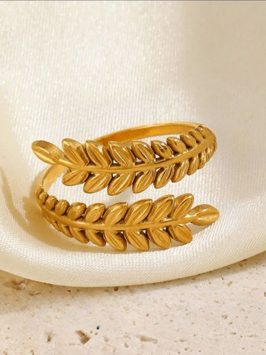 Leaf Cascade Double Stance Anti Tarnished Gold Plated Adjustable Finger Ring