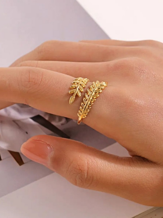 Leaf Cascade Double Stance Anti Tarnished Gold Plated Adjustable Finger Ring
