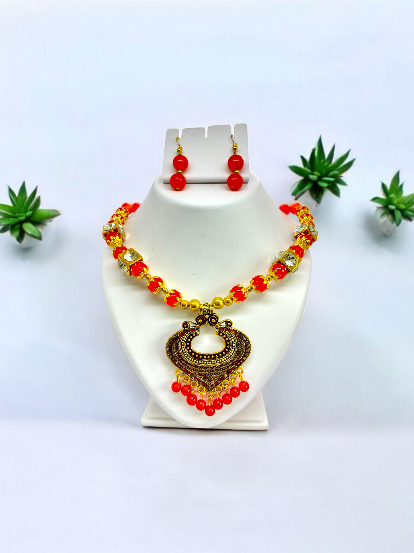 Red Beaded Rajasthani Ethnic Traditional Tribe Necklace Set