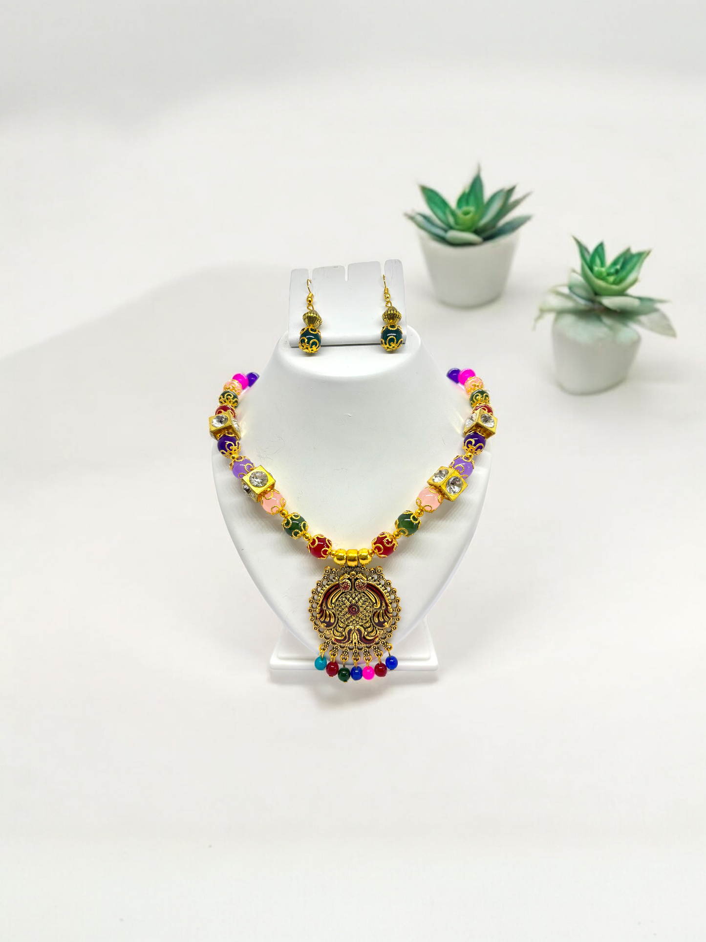 Colourful Beads Traditional Ethnic Rajwadi Style Pendant Necklace Set