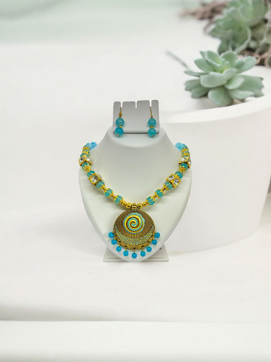 Skyblue Spiral Beaded Rajasthani Ethnic Traditional Tribe Necklace Set