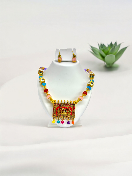 Rectangular Colourful Beaded Rajasthani Ethnic Traditional Necklace Set