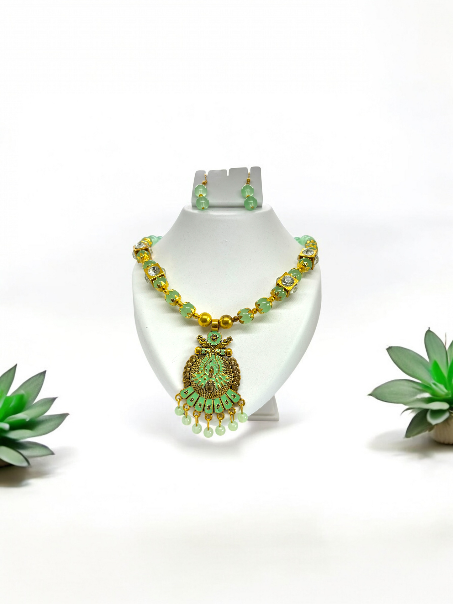 Light Green Beaded Rajasthani Ethnic Traditional Tribe Necklace Set