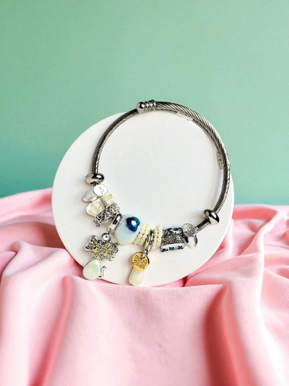Anti Tarnished Silver Plated White Cat Charm Bracelet