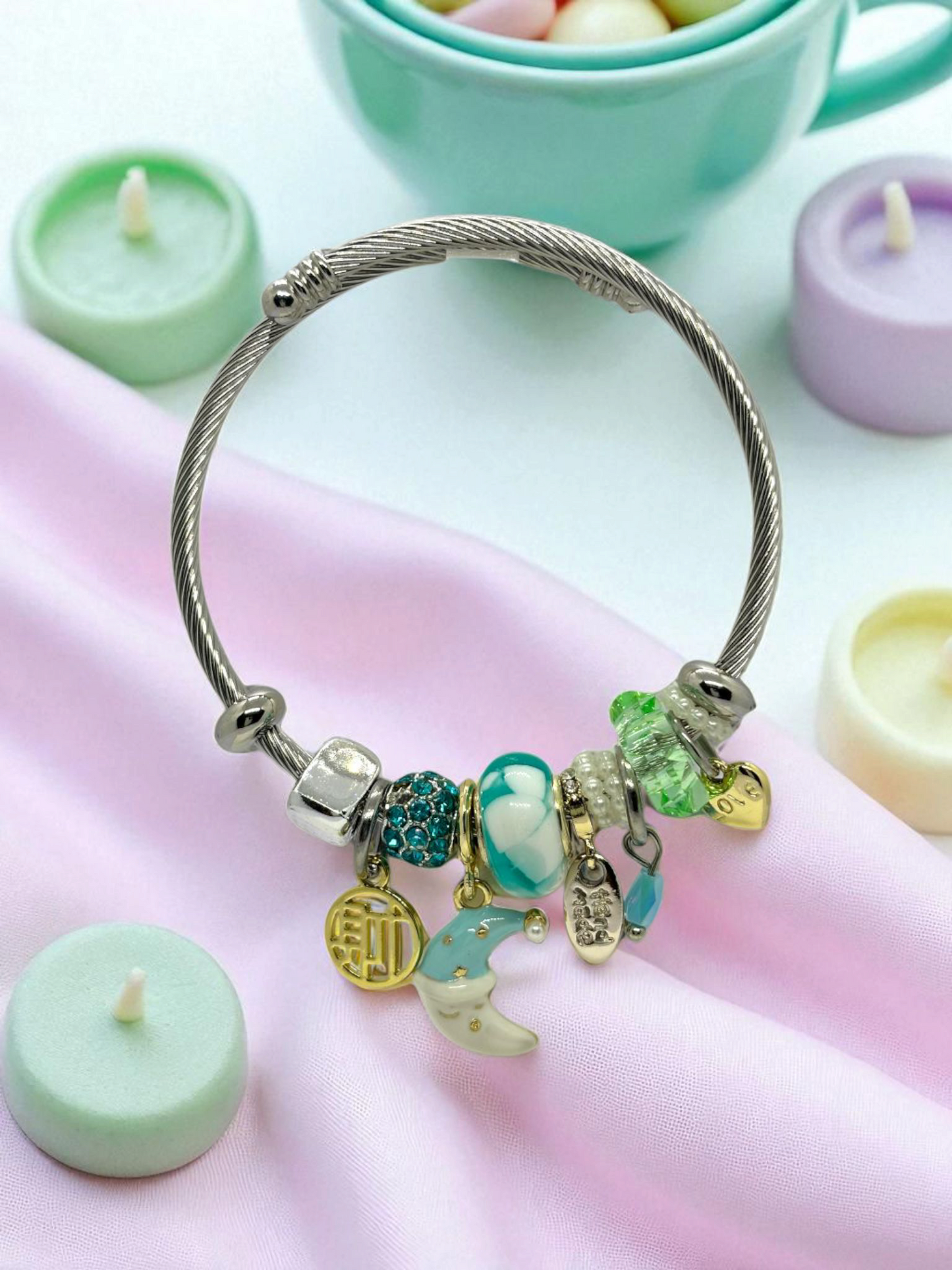Anti Tarnished Silver Plated White Moon Charm Bracelet