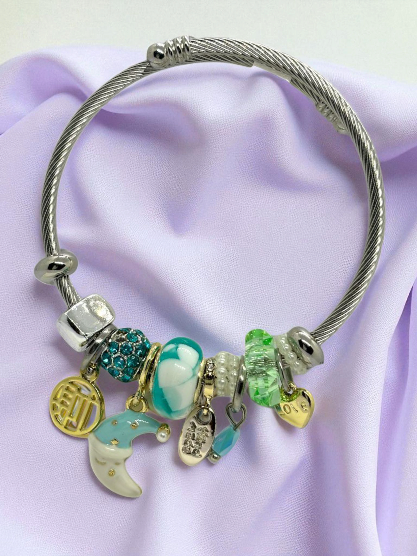 Anti Tarnished Silver Plated White Moon Charm Bracelet