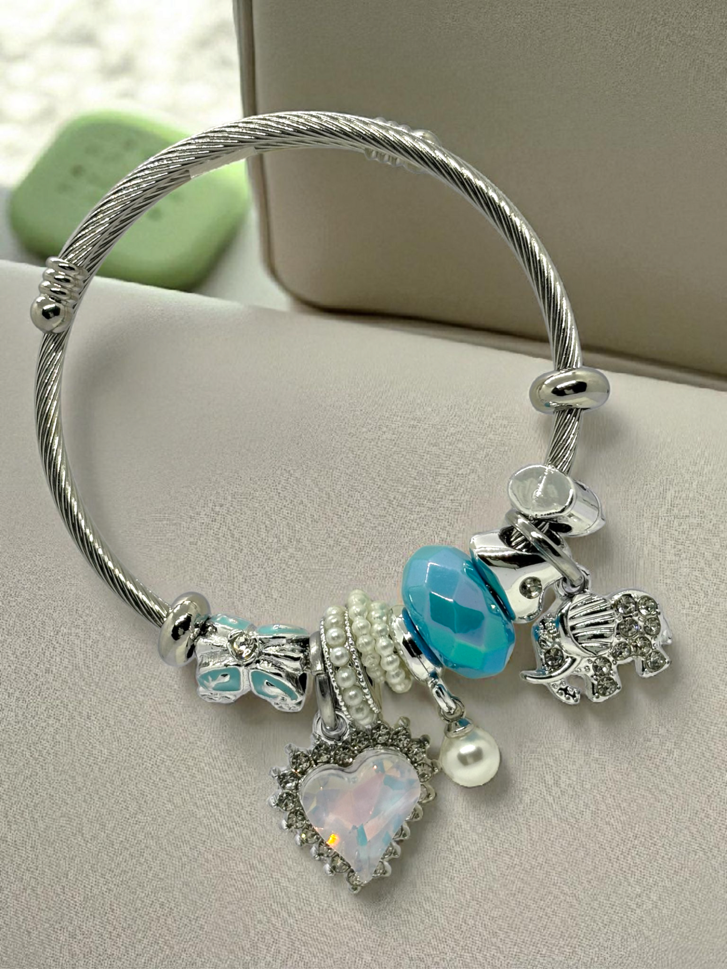 Anti Tarnished Silver Plated Heart Pearl and Elephant Charm Bracelet