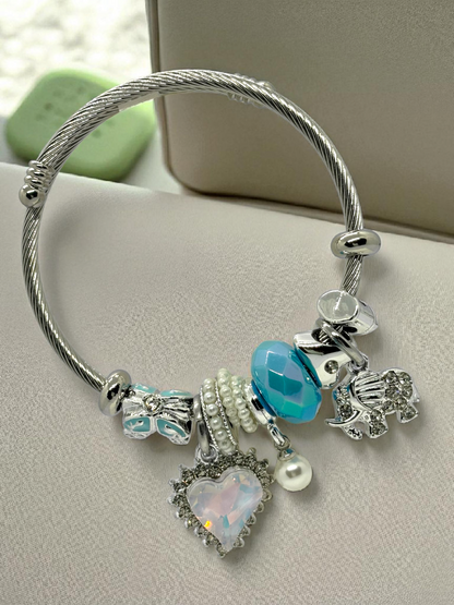 Anti Tarnished Silver Plated Heart Pearl and Elephant Charm Bracelet