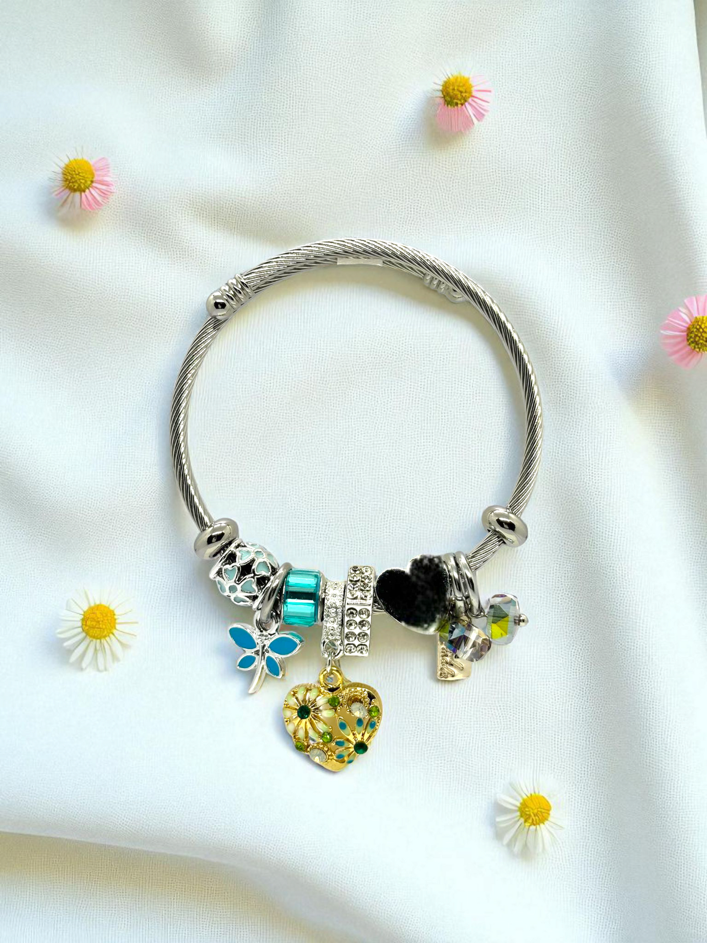 Anti Tarnished Silver Plated Heart and Butterfly Charm Bracelet