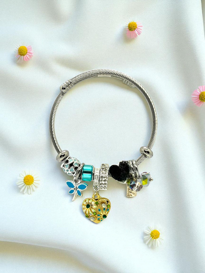 Anti Tarnished Silver Plated Heart and Butterfly Charm Bracelet