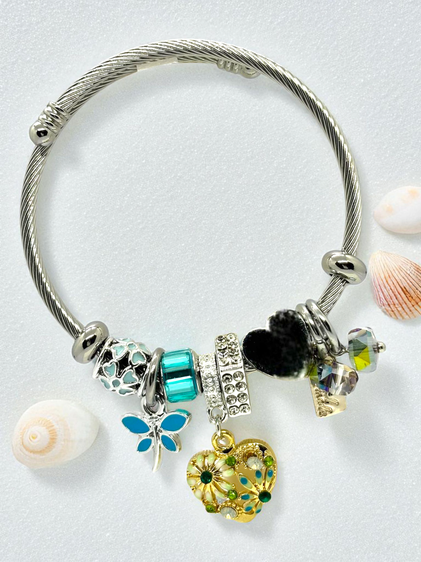 Anti Tarnished Silver Plated Heart and Butterfly Charm Bracelet
