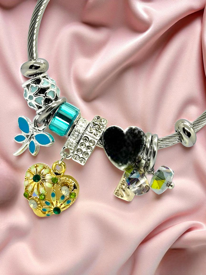 Anti Tarnished Silver Plated Heart and Butterfly Charm Bracelet