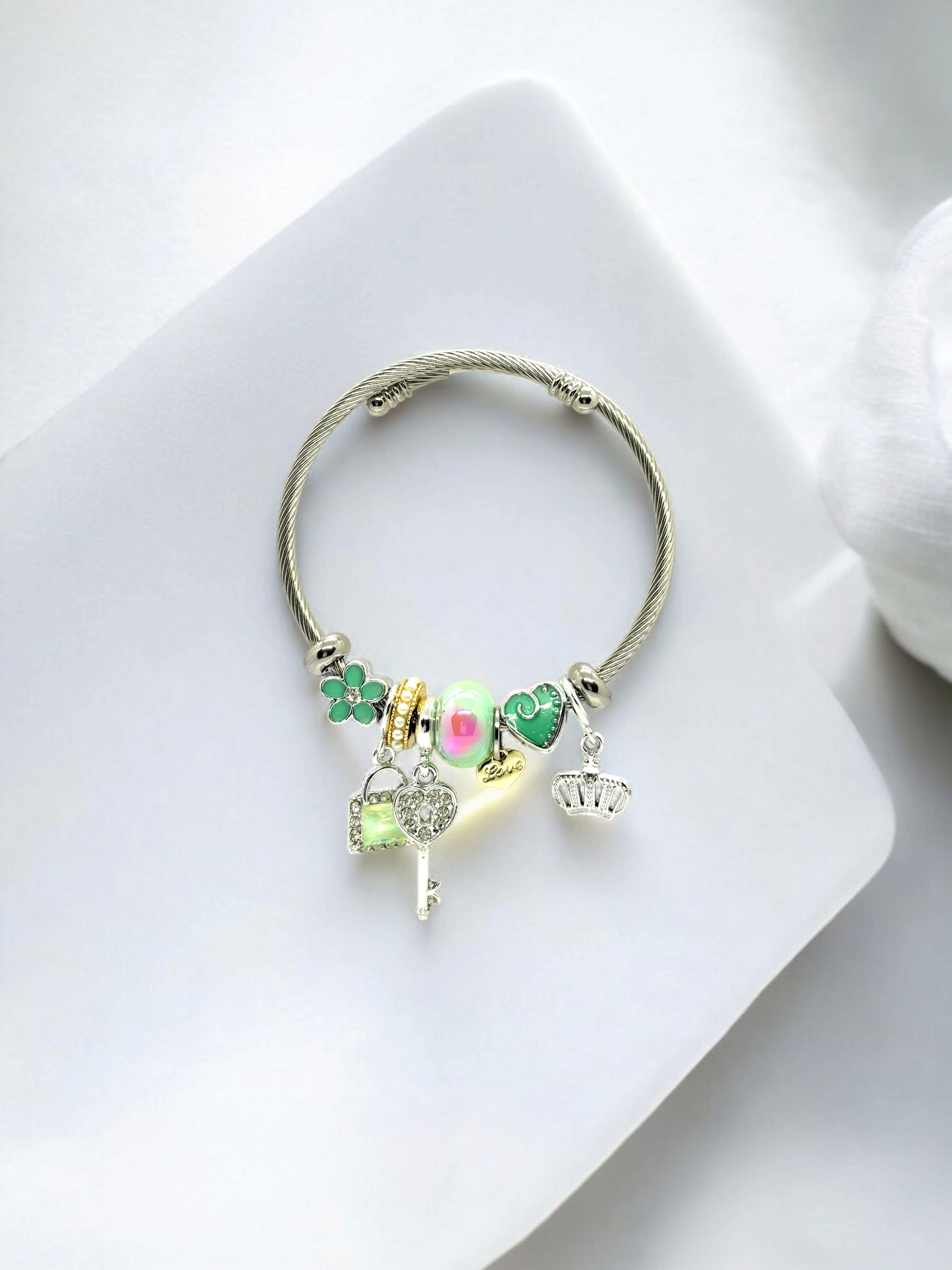 Anti Tarnished Silver Plated Key and Crown Charm Bracelet