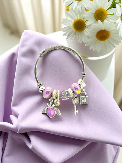 Anti Tarnished Silver Plated Pink Heart and Key Charm Bracelet