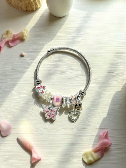 Anti Tarnished Silver Plated Butterfly and Heart Charm Bracelet
