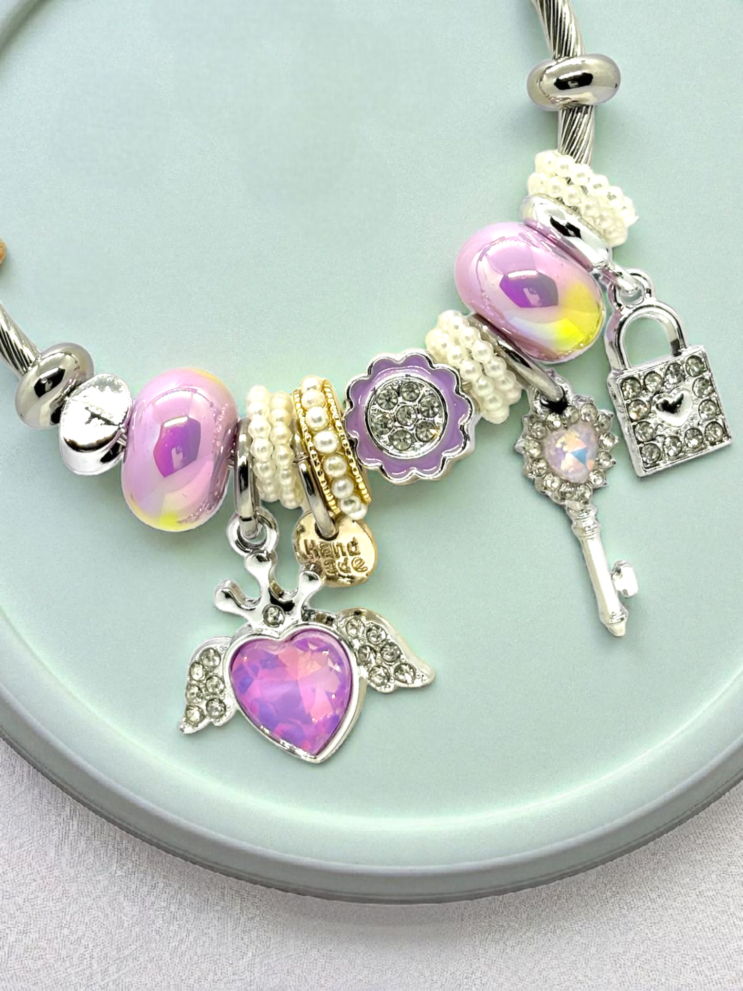 Anti Tarnished Silver Plated Pink Heart and Key Charm Bracelet