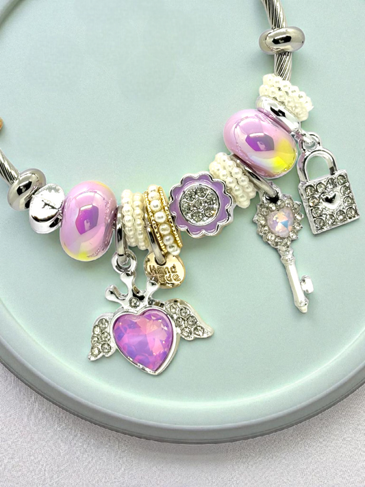 Anti Tarnished Silver Plated Pink Heart and Key Charm Bracelet