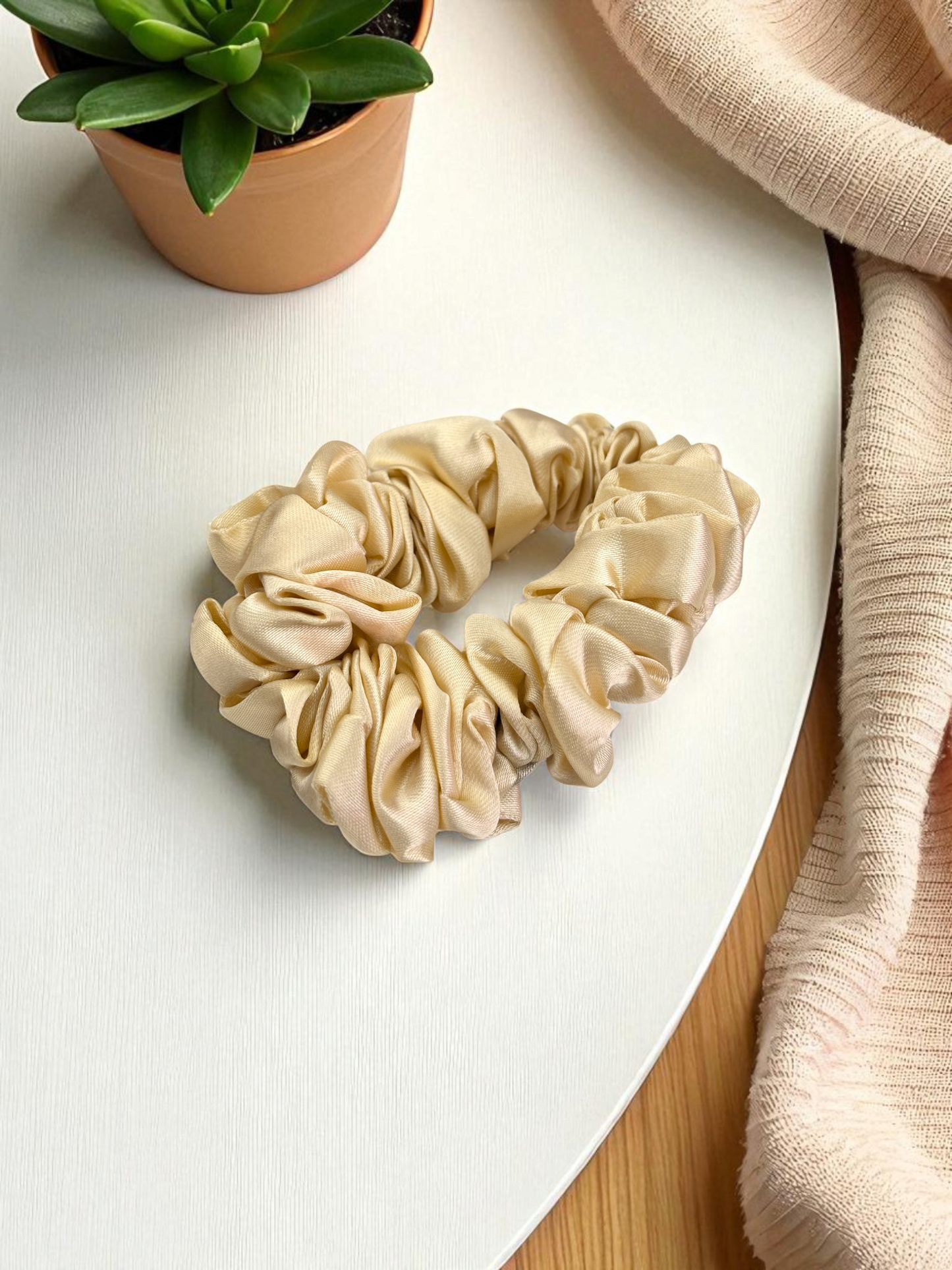 Beige Satin Silk Scrunchies