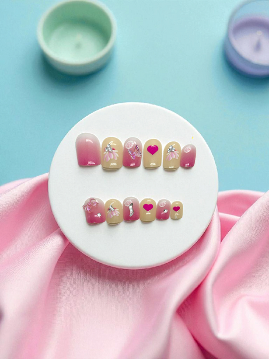 White and Pink small Artificial Handmade Reusable Press on Nails Kit