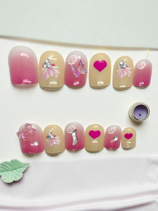 White and Pink small Artificial Handmade Reusable Press on Nails Kit