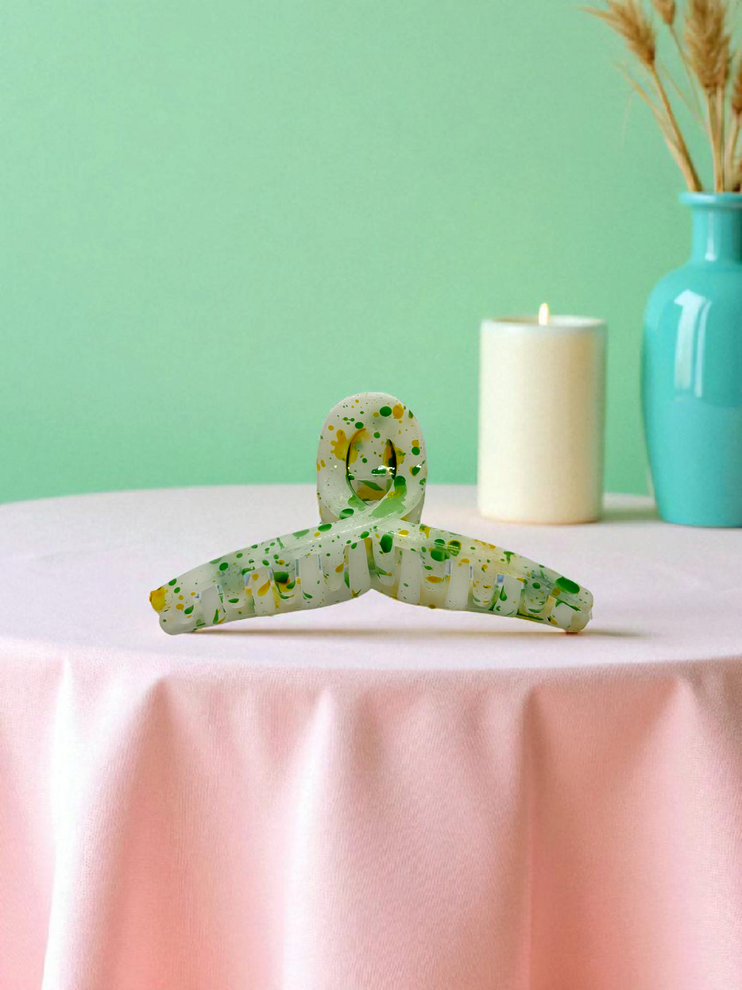 Green & Yellow Paint Splatter Non-Slip Bended Korean Claw Clip