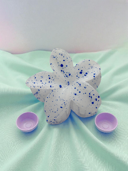 White Blue Paint Splattered Non-Slip Flower Claw Clip