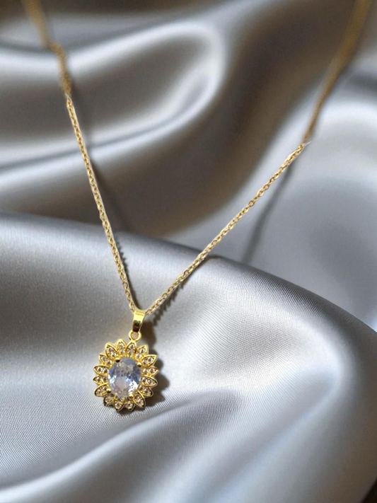 The Sun Flower Energy Yeilding Crystal Anti Tarnished Gold Plated Necklace