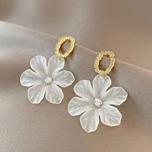 Hoops And Flowers White Korean Earrings