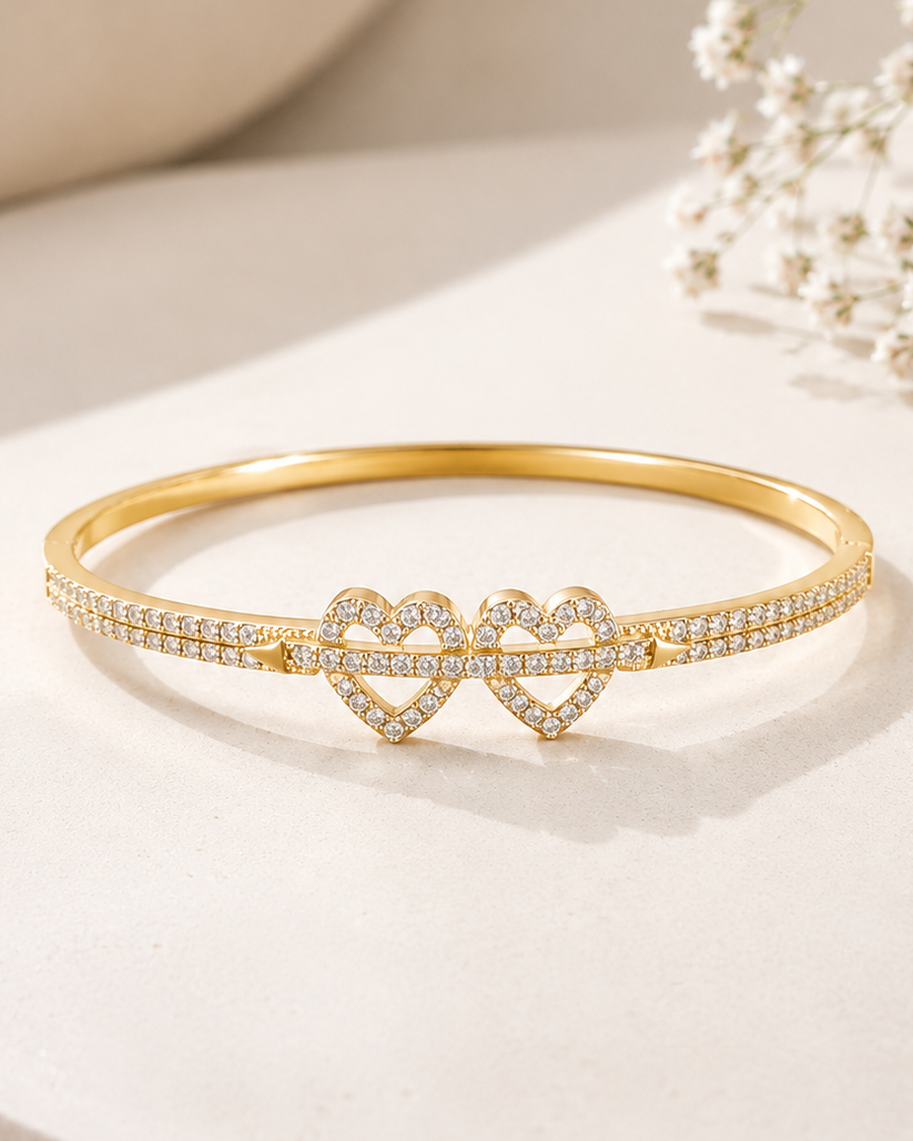 The Cupid’s Arrow Forever-Linked Dual-Heart Cuff - 18K Gold Plated Anti Tarnish Brass Bracelet