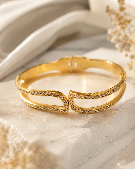 The Nova D-Frame Crystal Cuff - 18K Gold Plated Anti tarnish Stainless Steel Kada Bracelet