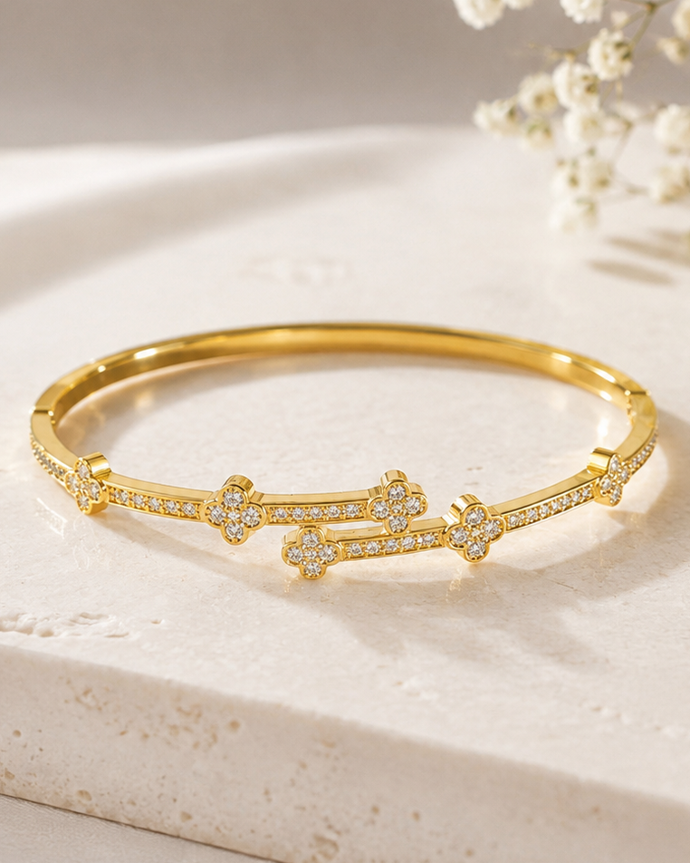 Blooming Flora Fleur Luxe Crystal Cuff - 18K Gold Plated Anti Tarnish Brass Bracelet