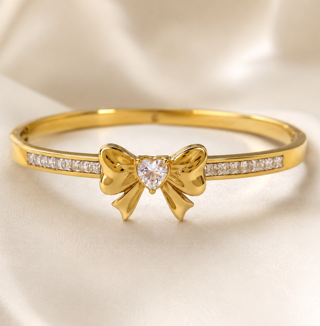 Amélie Princess Cut Bow Cuff - 18K Gold Plated Anti tarnish Stainless Steel Kada Bracelet