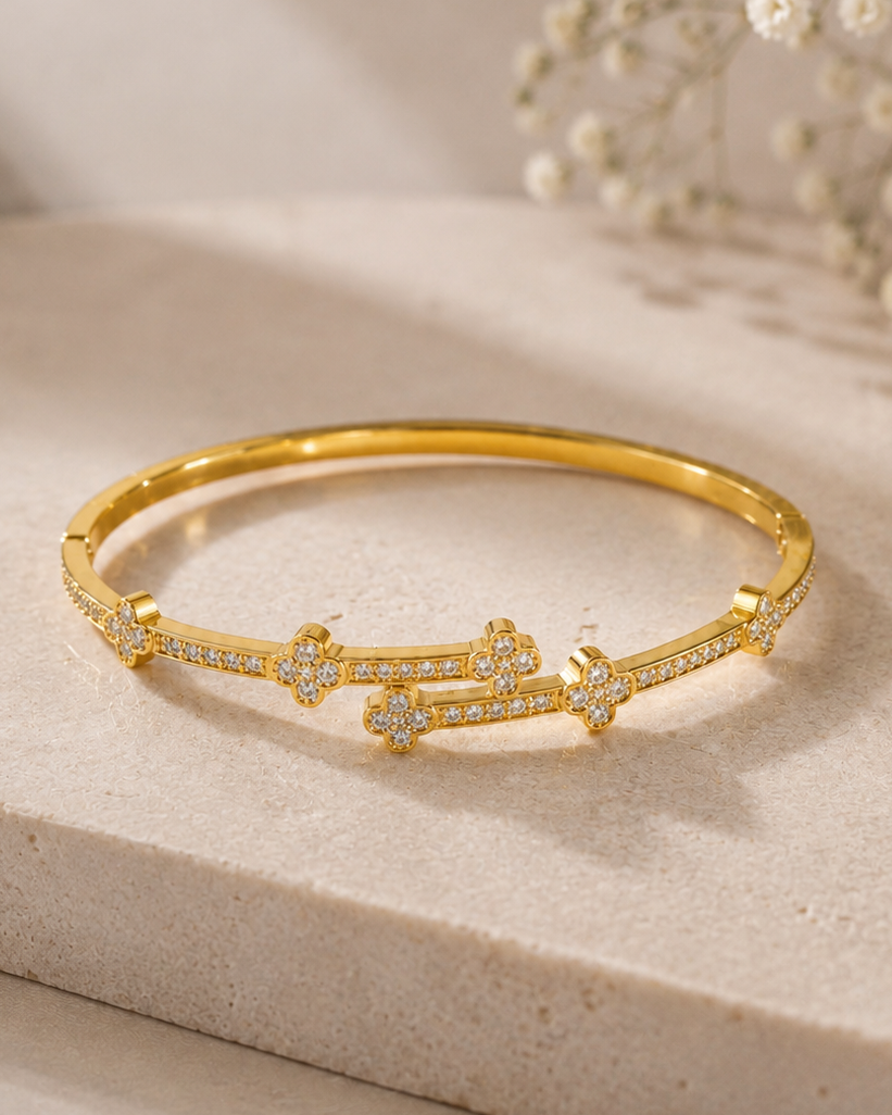 Blooming Flora Fleur Luxe Crystal Cuff - 18K Gold Plated Anti Tarnish Brass Bracelet