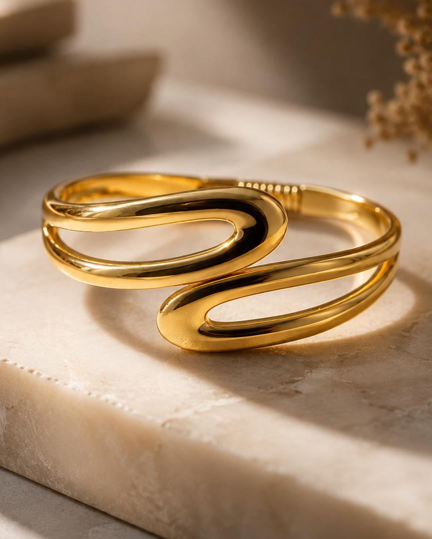 The Sculpt Wave Bypass Cuff - 18K Gold Plated Anti tarnish Stainless Steel Kada Bracelet