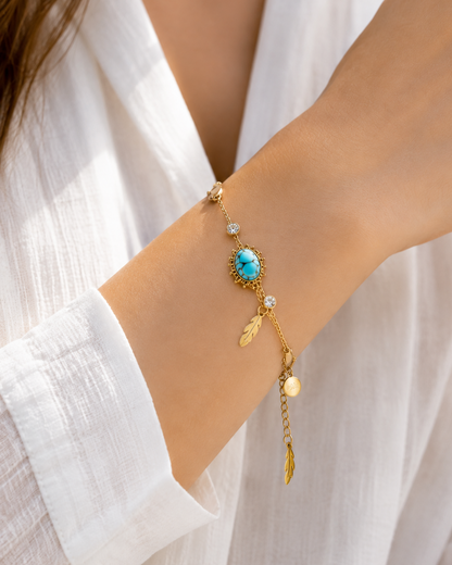 The Bohemian Turquoise & Feather Charm - 18K Gold Plated Anti tarnish Stainless Steel Bracelet (Copy)