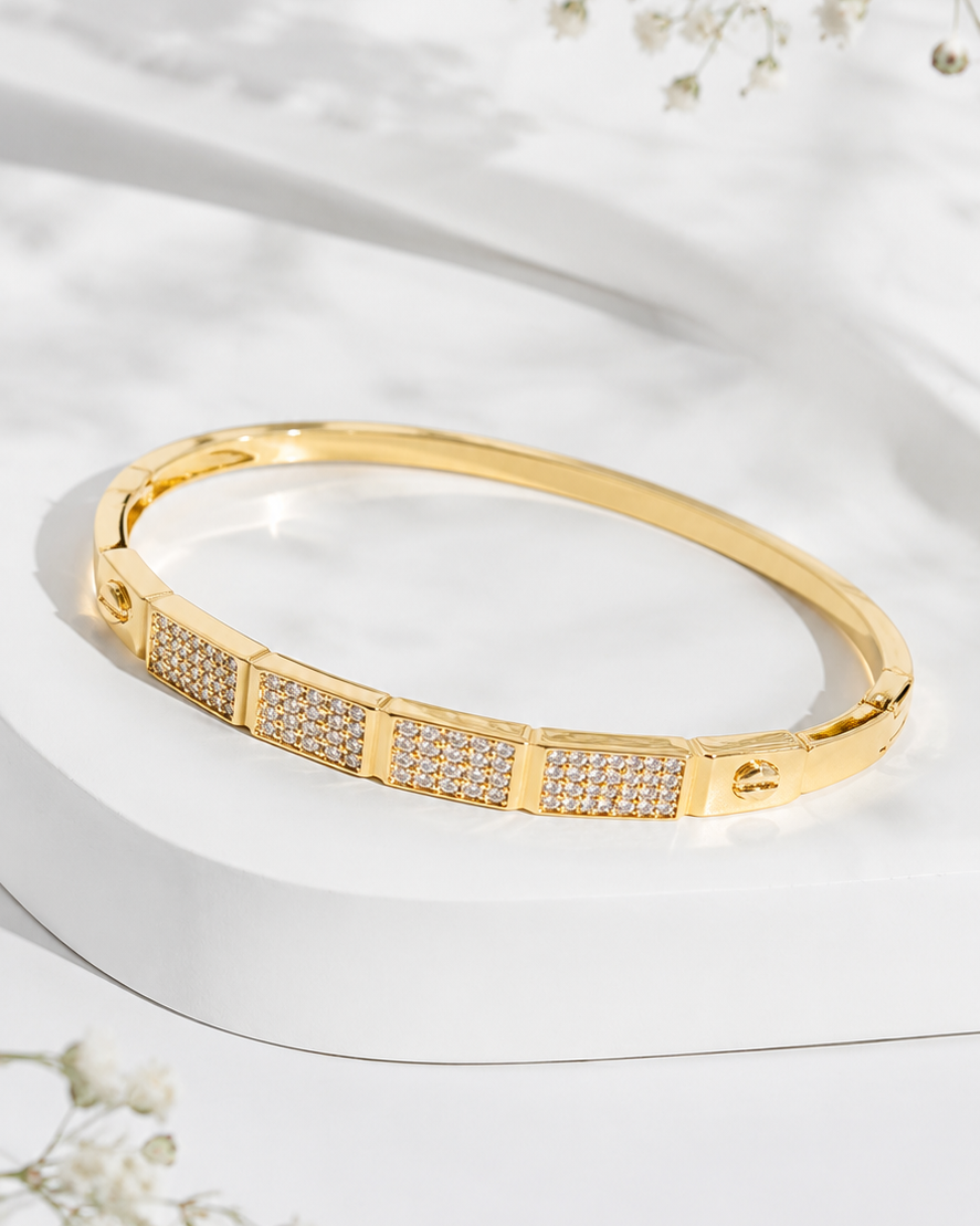 The Rivet Luxe Mosaic Grid Crystal Cuff - 18K Gold Plated Anti tarnish Brass Bracelet