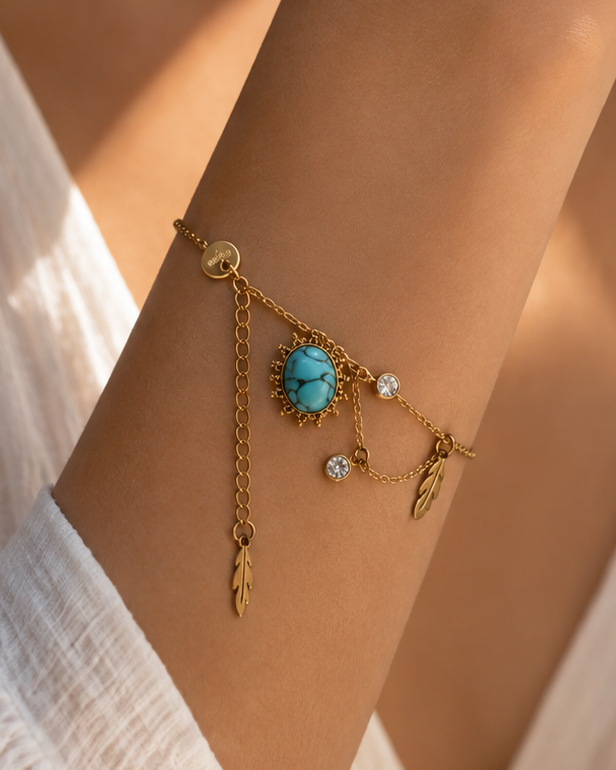 The Bohemian Turquoise & Feather Charm - 18K Gold Plated Anti tarnish Stainless Steel Bracelet (Copy)