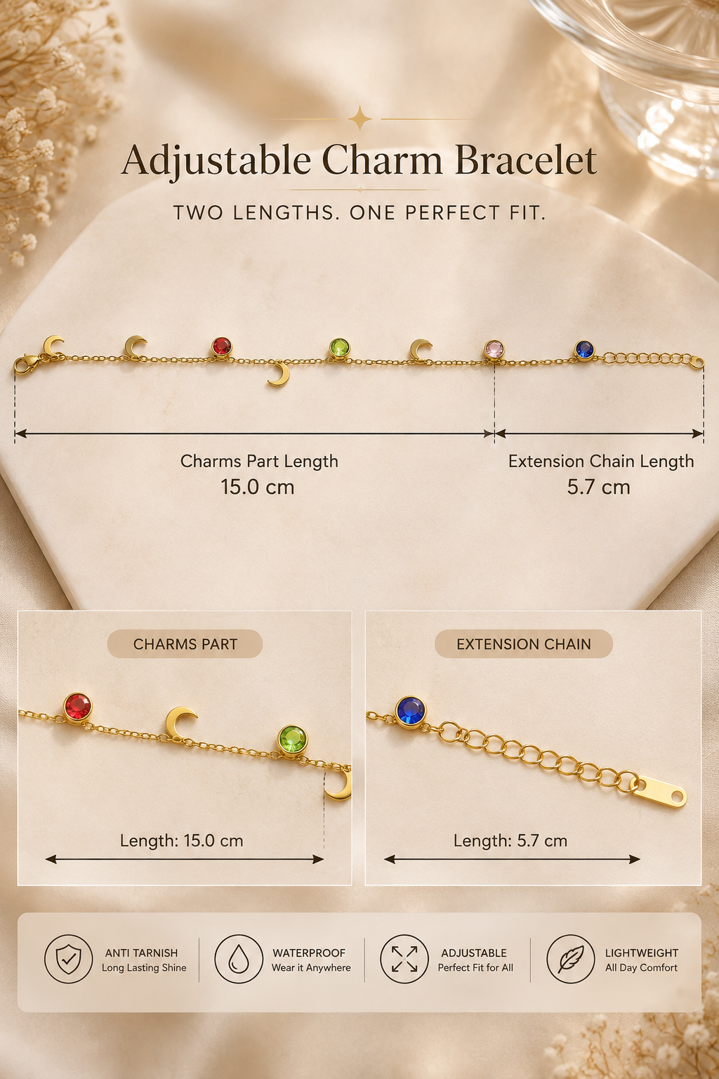 Crescent Moon Drop & Crystal - Anti tarnish Stainless Steel Chain Bracelet