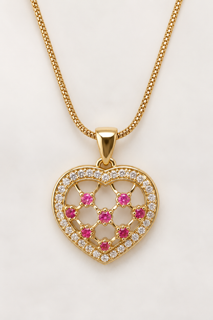 Gold-Tone Openwork Lattice Heart Pendant Necklace with Pink Accents