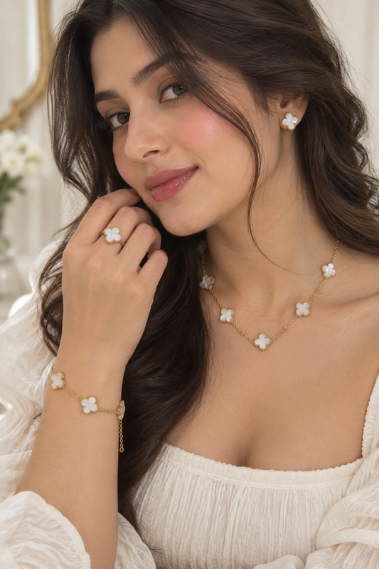 Clover Motif 4-Piece Jewelry Set: white And Gold-Tone Necklace, Bracelet, Earrings, and Ring Combo