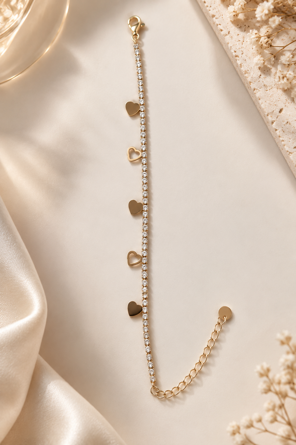 Gold-Tone Crystal Tennis Bracelet with Mixed Heart Charms