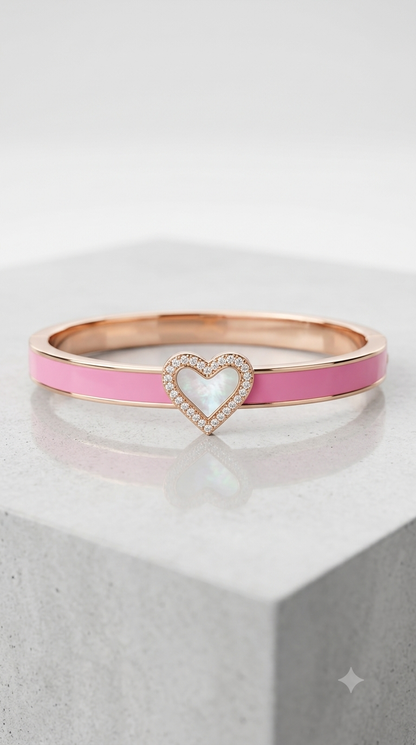 Pink Enamel Heart Bangle Bracelet with Pearl Inlay and Crystal Halo