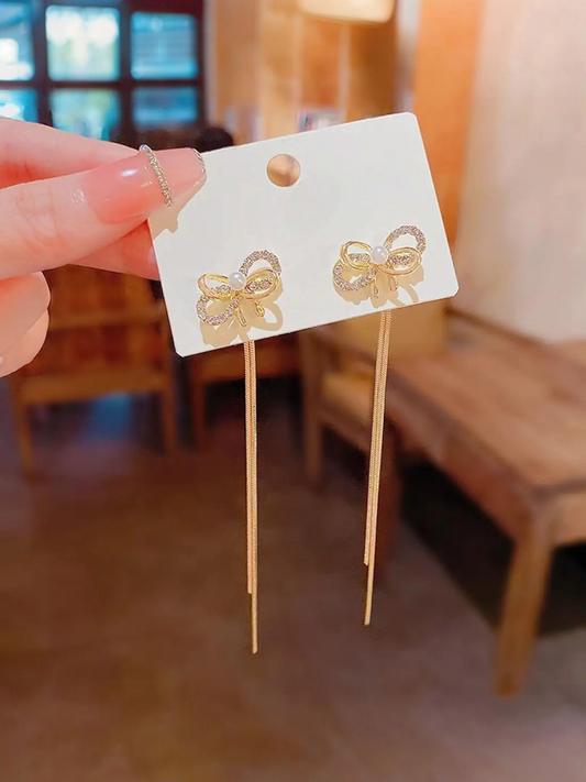 Golden Bow Tassels Korean Long Earrings