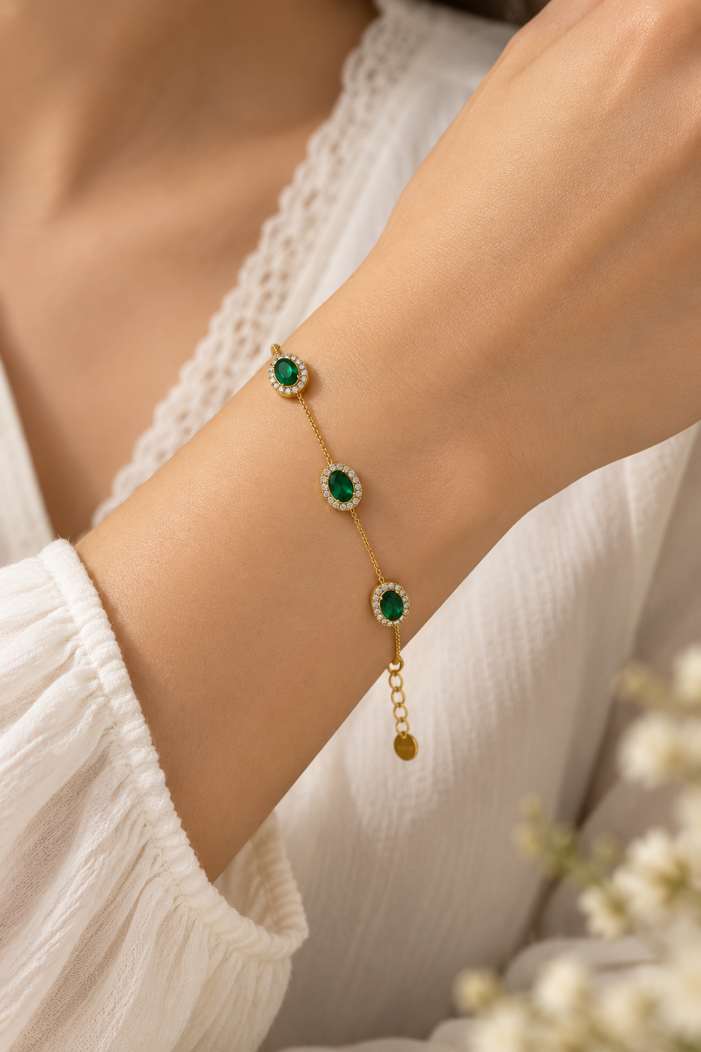 Triple Green Oval Halo Bracelet